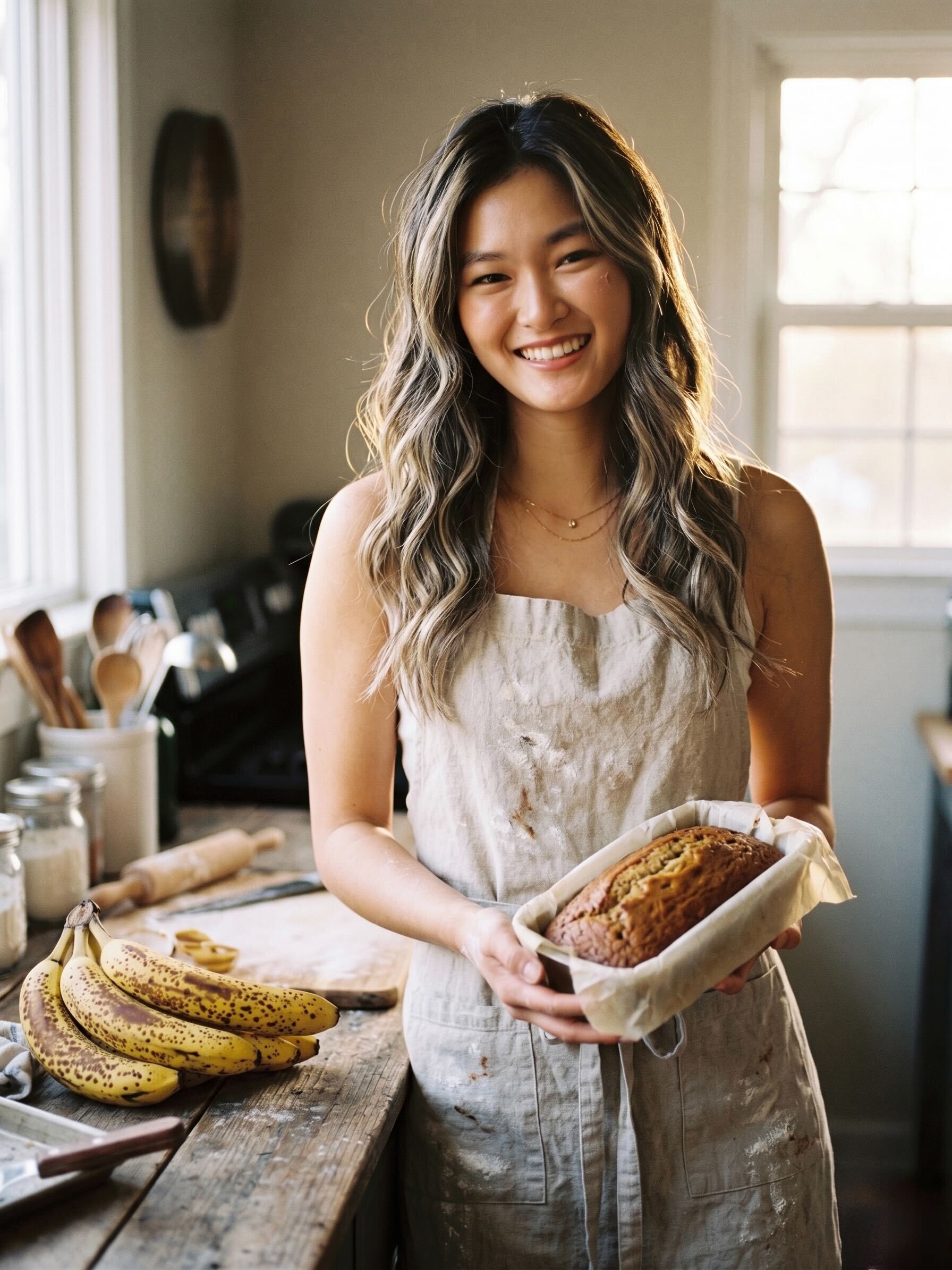 Alina smiling in her kitchen, holding a fresh banana bread loaf