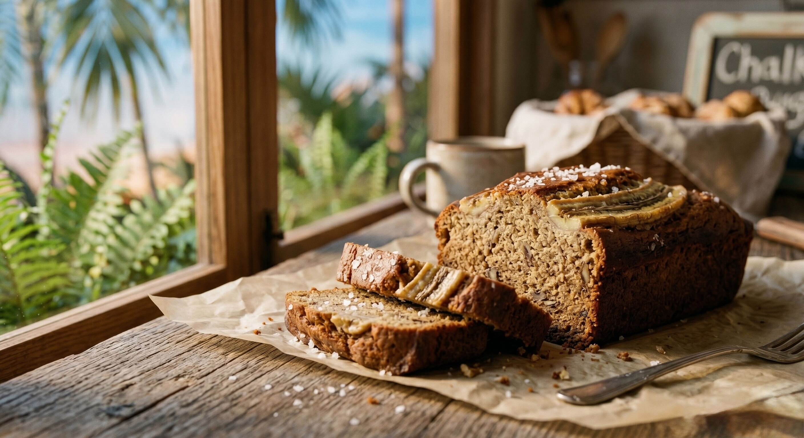 A sliced golden banana bread loaf on parchment paper, sprinkled with flaky sea salt